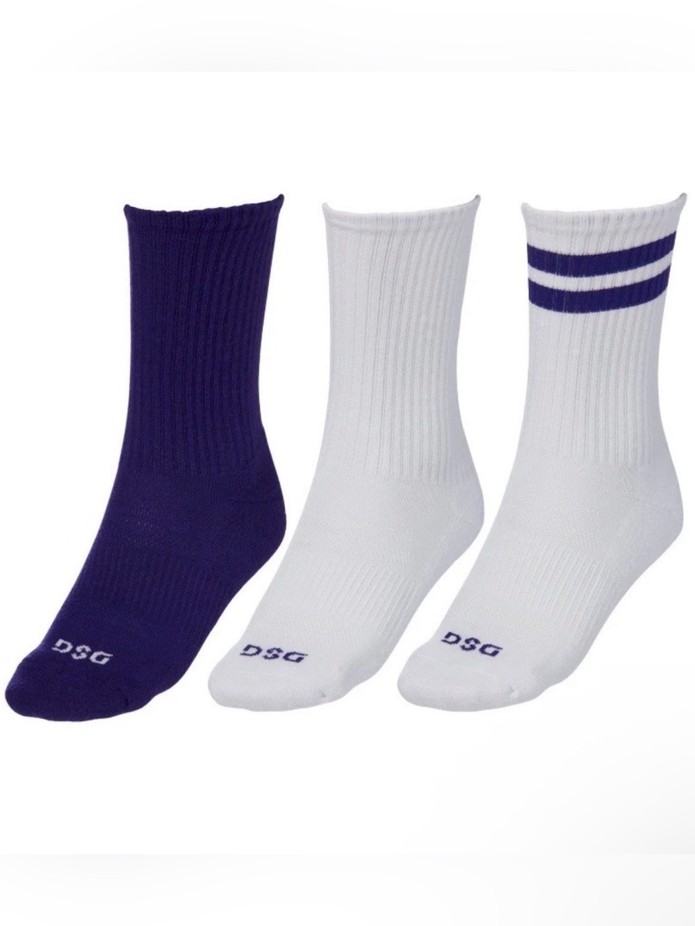 DSG Adult Crew Socks - 3 Pack Team Purple Combo Sz L W10+/M8-13 Unisex